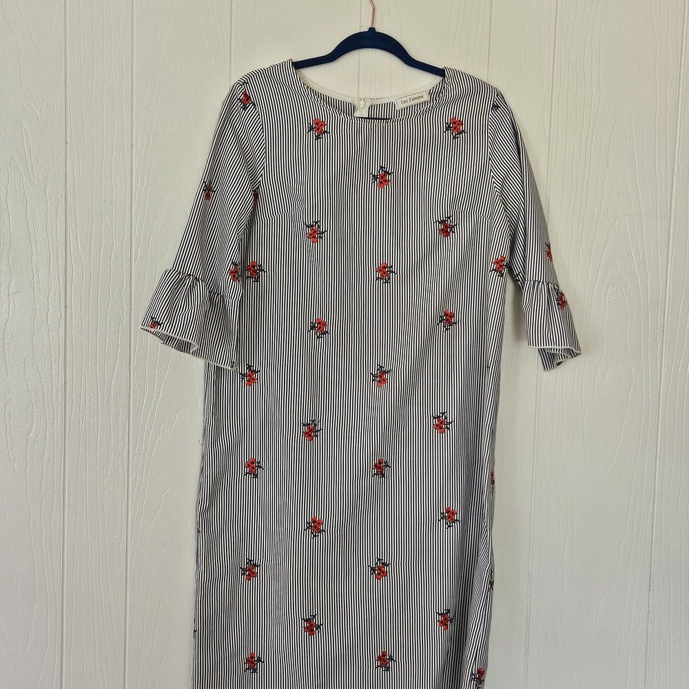 Striped Floral Dress with Ruffle Sleeves